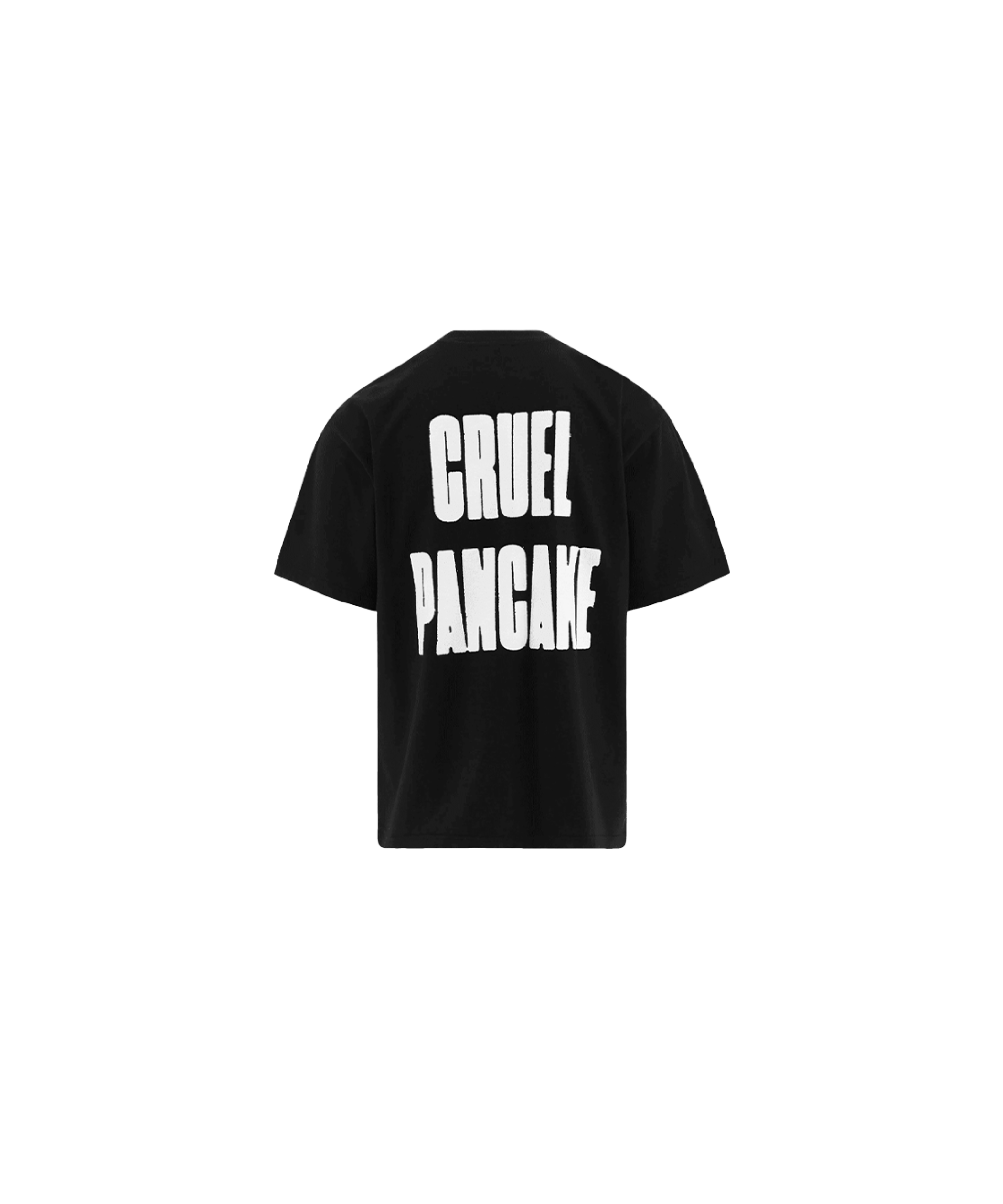T-shirt noir Cruel Pancake à manches courtes, avec le logo blanc "CRUEL PANCAKE" sérigraphié au dos.