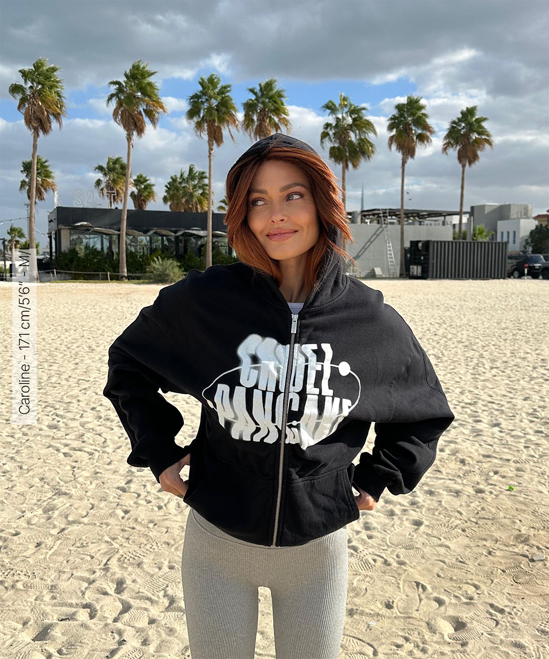 Black zip hoodie.