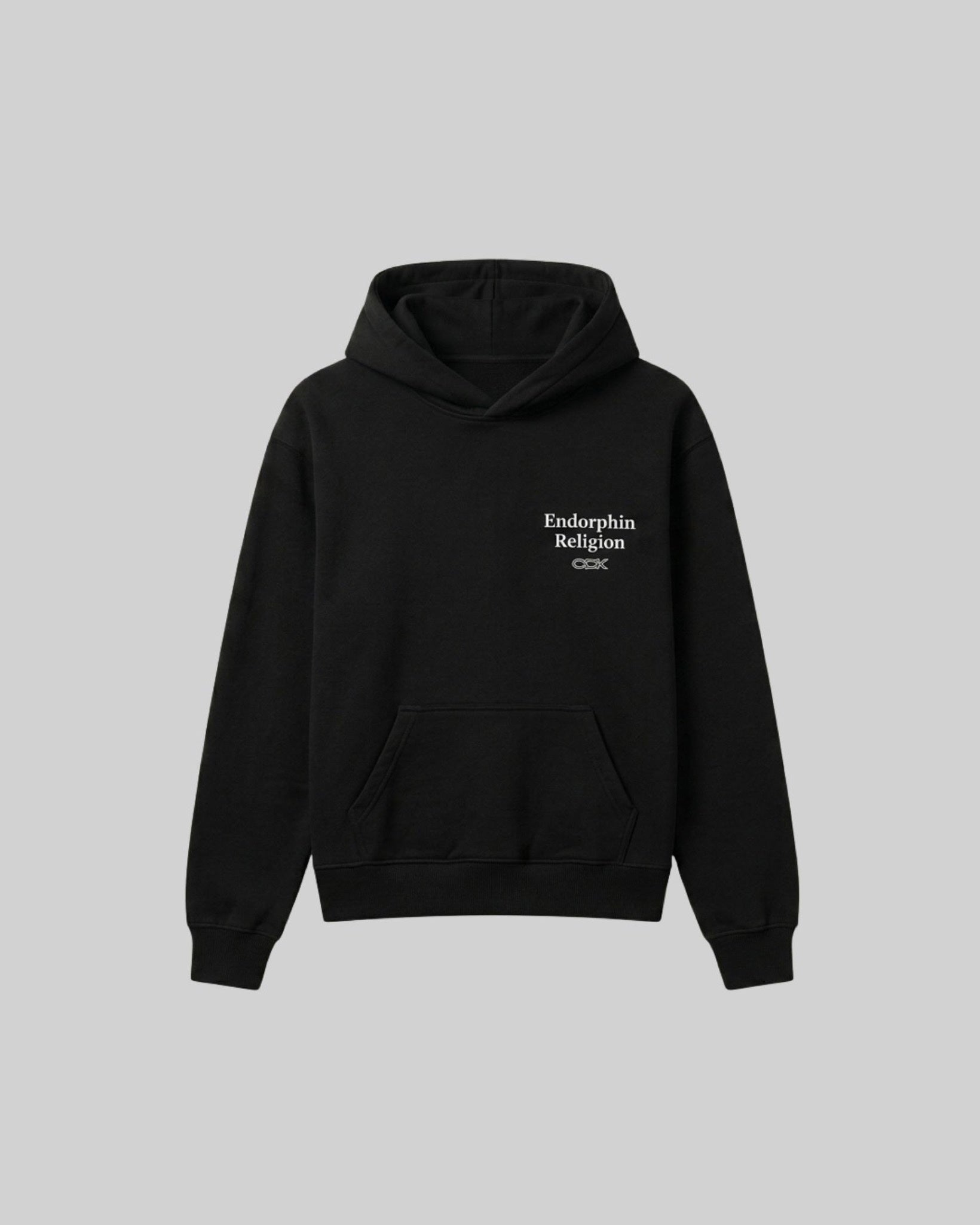 Hoodie noir Cruel Pancake Endorphin Religion Black Edition oversize coton sérigraphie — packshot vue de face